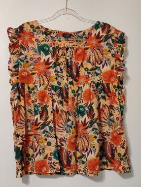 TAMGA Yellow Tropical Floral Tie-Neck Ruffle Sleeve Blouse